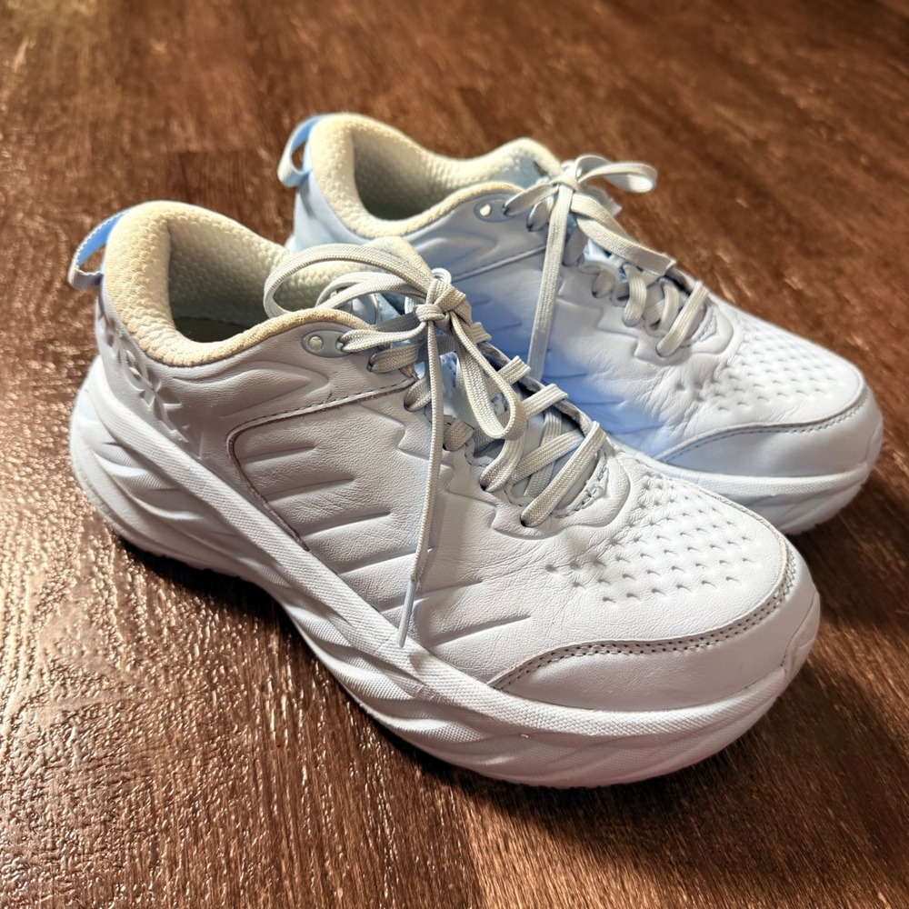 Hoka Bondi SR Womens 7.5D Blue Ice Water Leather Slip Resistant Shoes Nurse Shoe